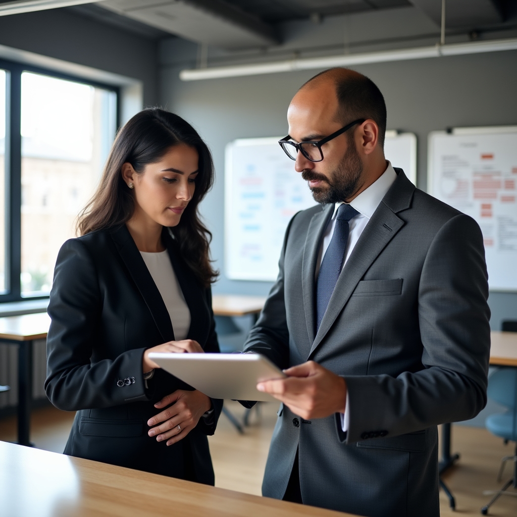 Two compliance professionals discussing AML and KYC documentation at a standing desk in a modern tech office with open floor plan