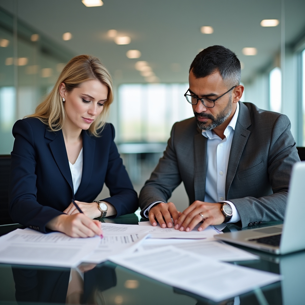 Two business professionals in formal attire reviewing entity documentation and account setup materials at a conference table in a modern corporate office