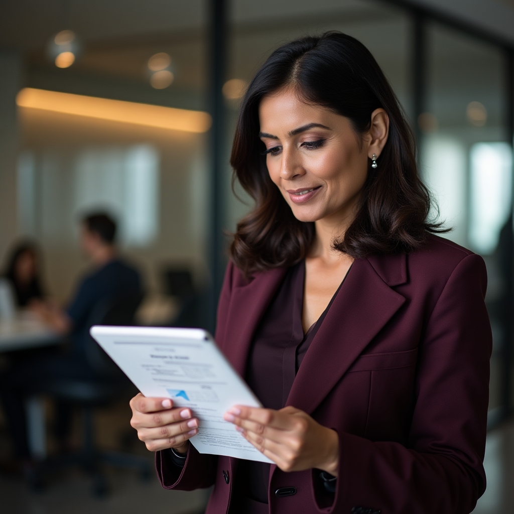 Senior compliance officer in formal business attire examining beneficial ownership documentation on a tablet device in a structured corporate office environment