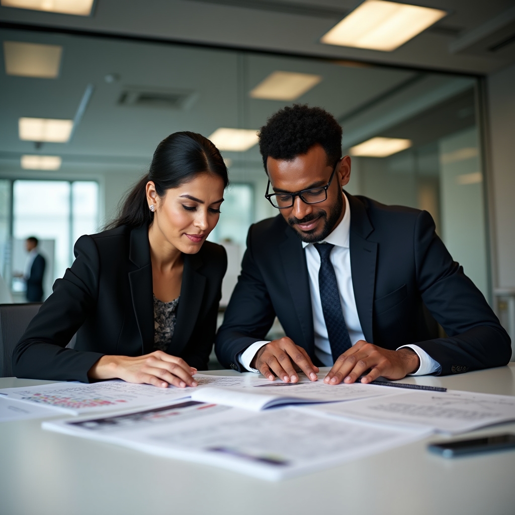 Compliance professionals reviewing regulatory documentation in a modern office setting