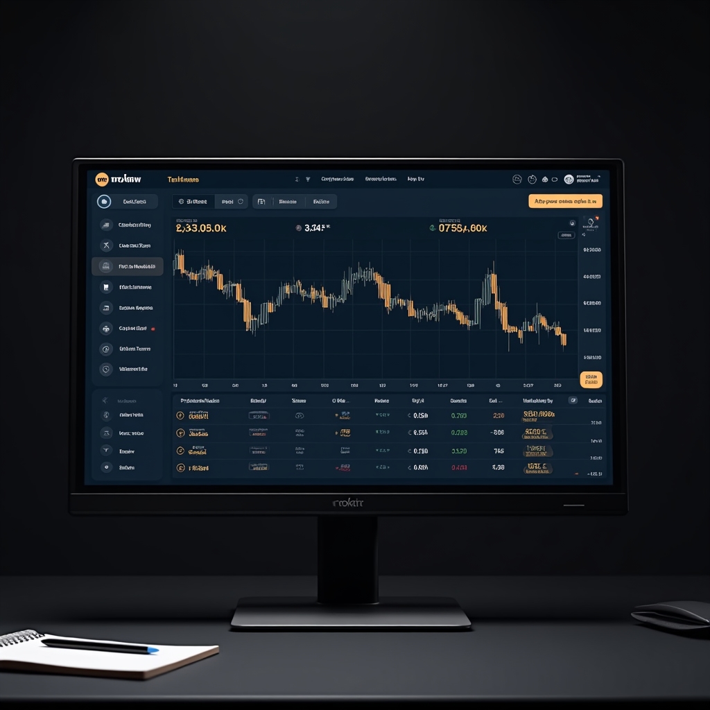 Clean cryptocurrency exchange interface on a desktop monitor showing order book and transaction confirmation screen in a professional office setting