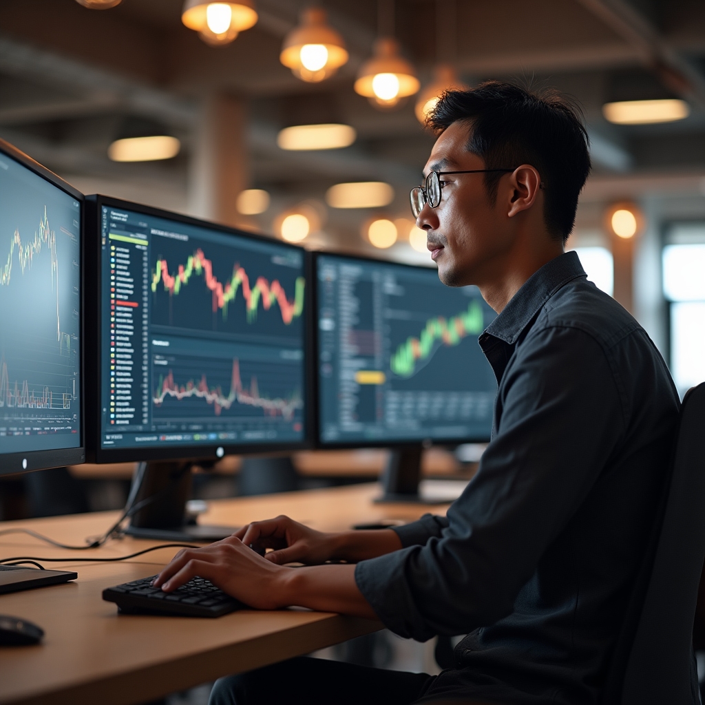 Professional trader executing a digital asset transaction on a multi-monitor setup in a regulated financial technology office environment