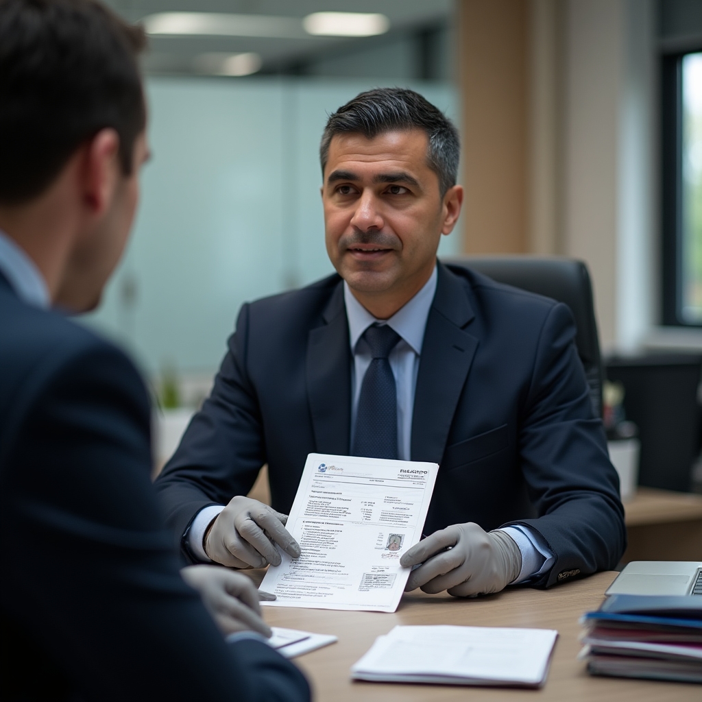 Identity verification process showing a person presenting identification documents to a compliance officer in a professional office