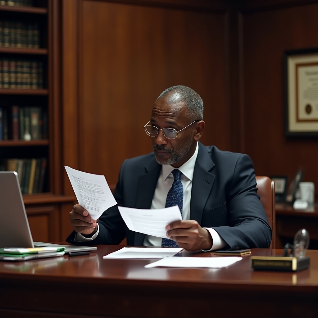 Senior compliance officer reviewing regulatory documentation and FinCEN registration materials at a structured desk in a formal office environment