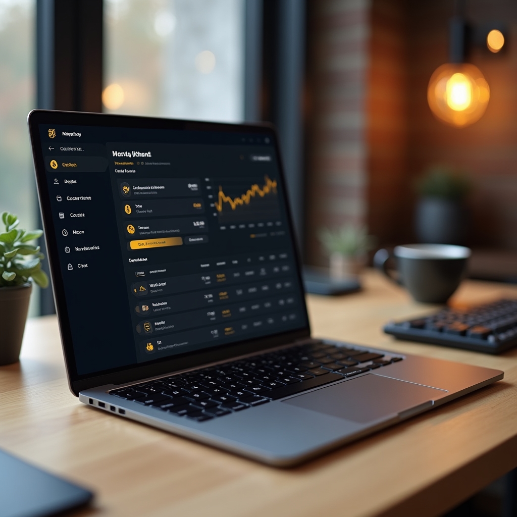 Software wallet dashboard interface displayed on a laptop screen showing balance overview and transaction history in a modern workspace environment